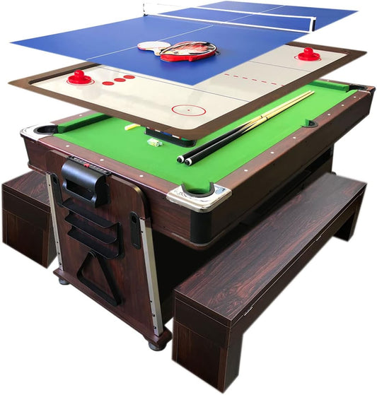 4 in 1 - 7Ft Green Pool Table with Benches + Air Hockey + Tennis Table + Dinner Table