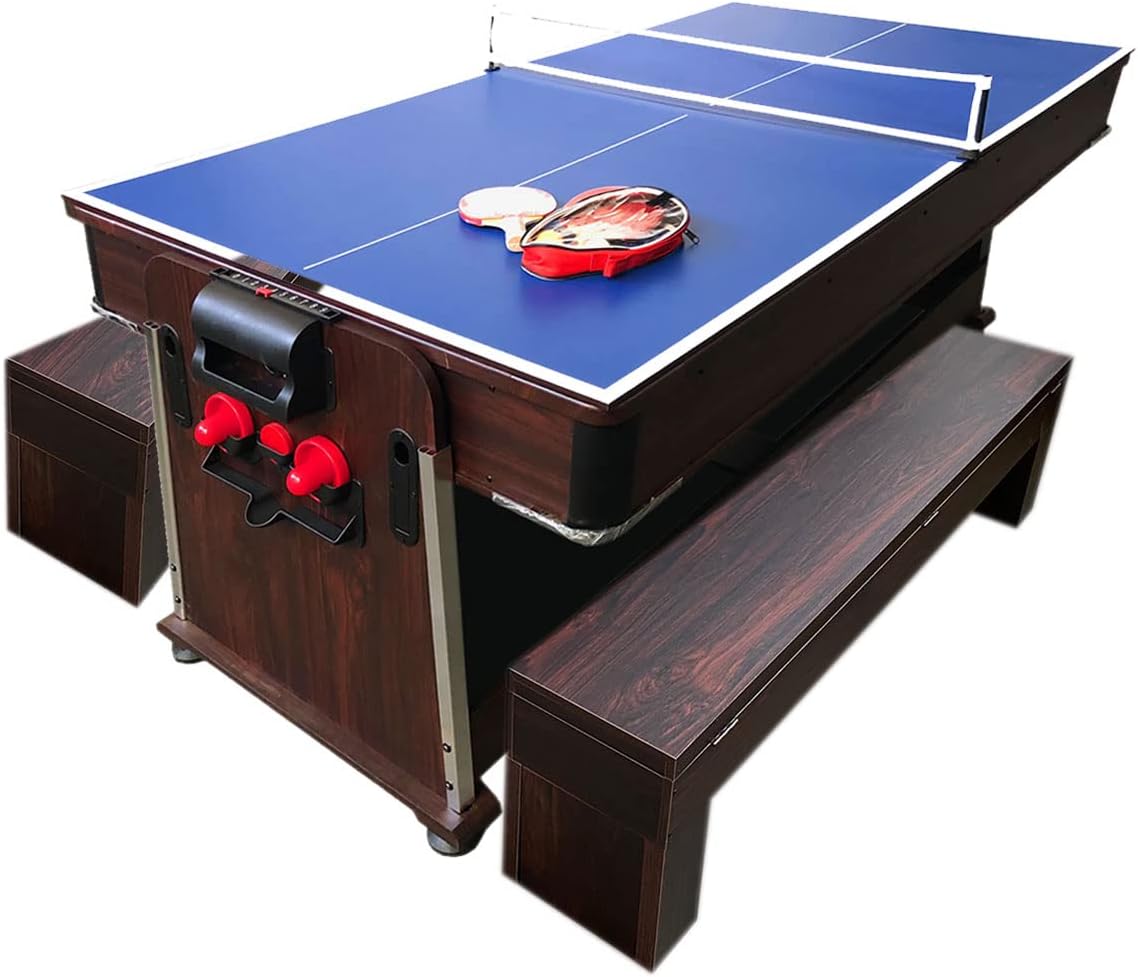 4 in 1 - 7Ft Green Pool Table with Benches + Air Hockey + Tennis Table + Dinner Table